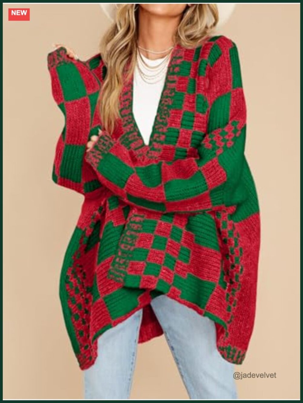 Checkered Oversized Cardigan - Color Block Plaid Knit Open Front Coat - Picture 2 of 6